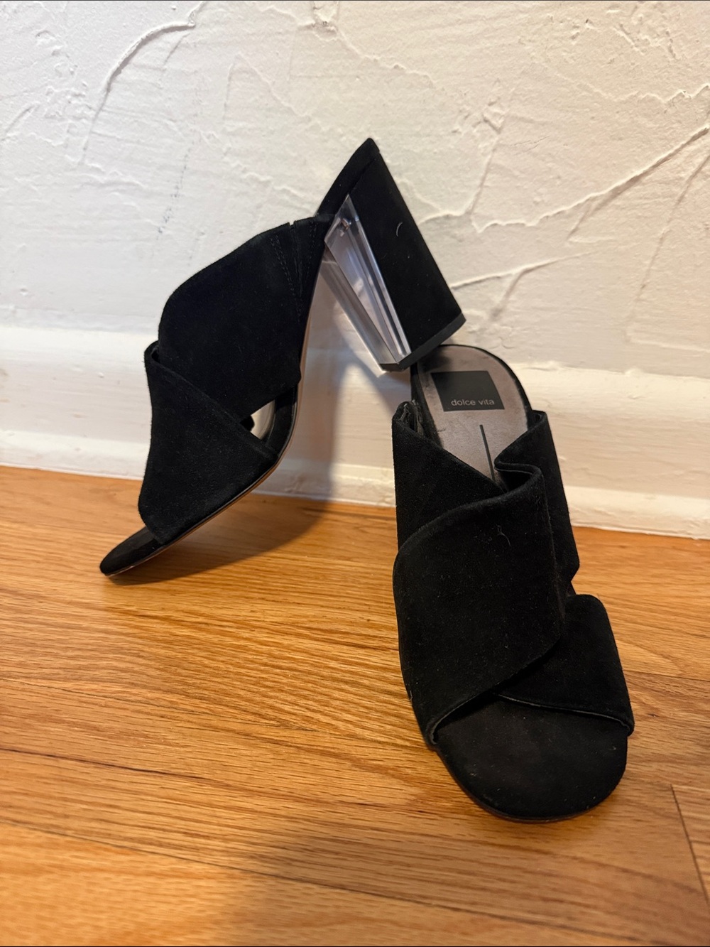 Dolce Vita Black Suede Crisscross Block Heel Mules with Clear Accent